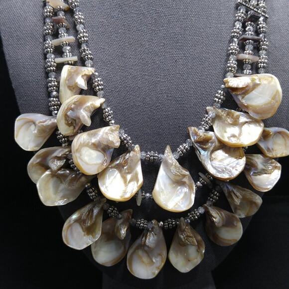 Chico's Natural Shell Beaded Necklace, Three Strands, Silver Beads, 22 Inches - Picture 2 of 11